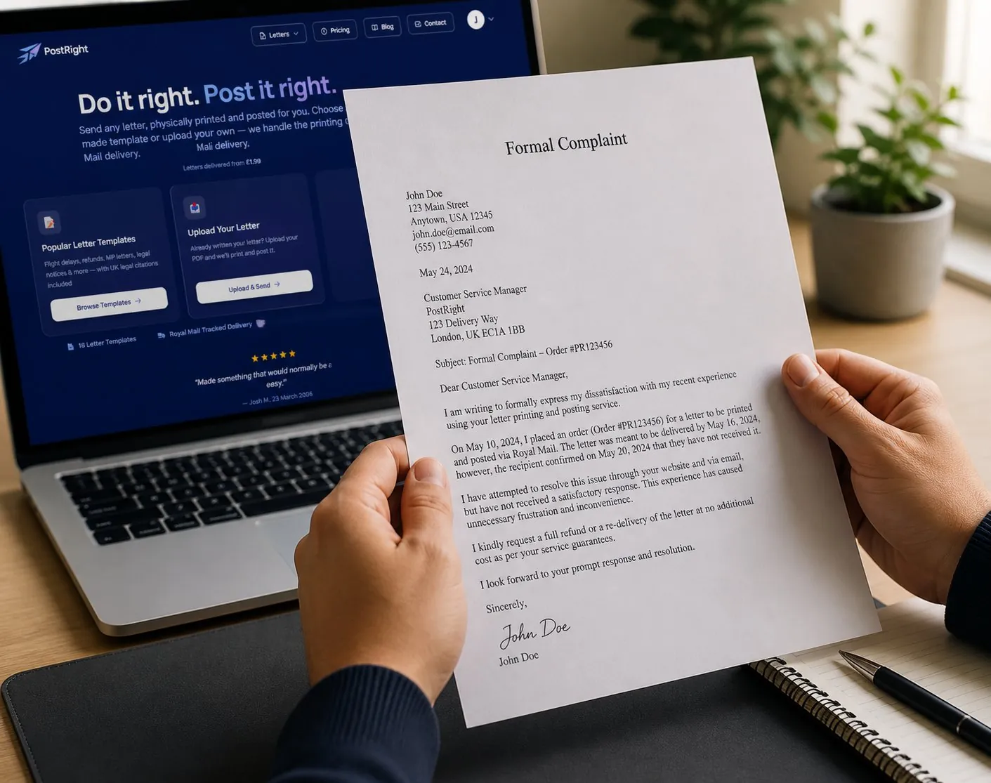 A formal complaint letter being held with the PostRight website visible in the background