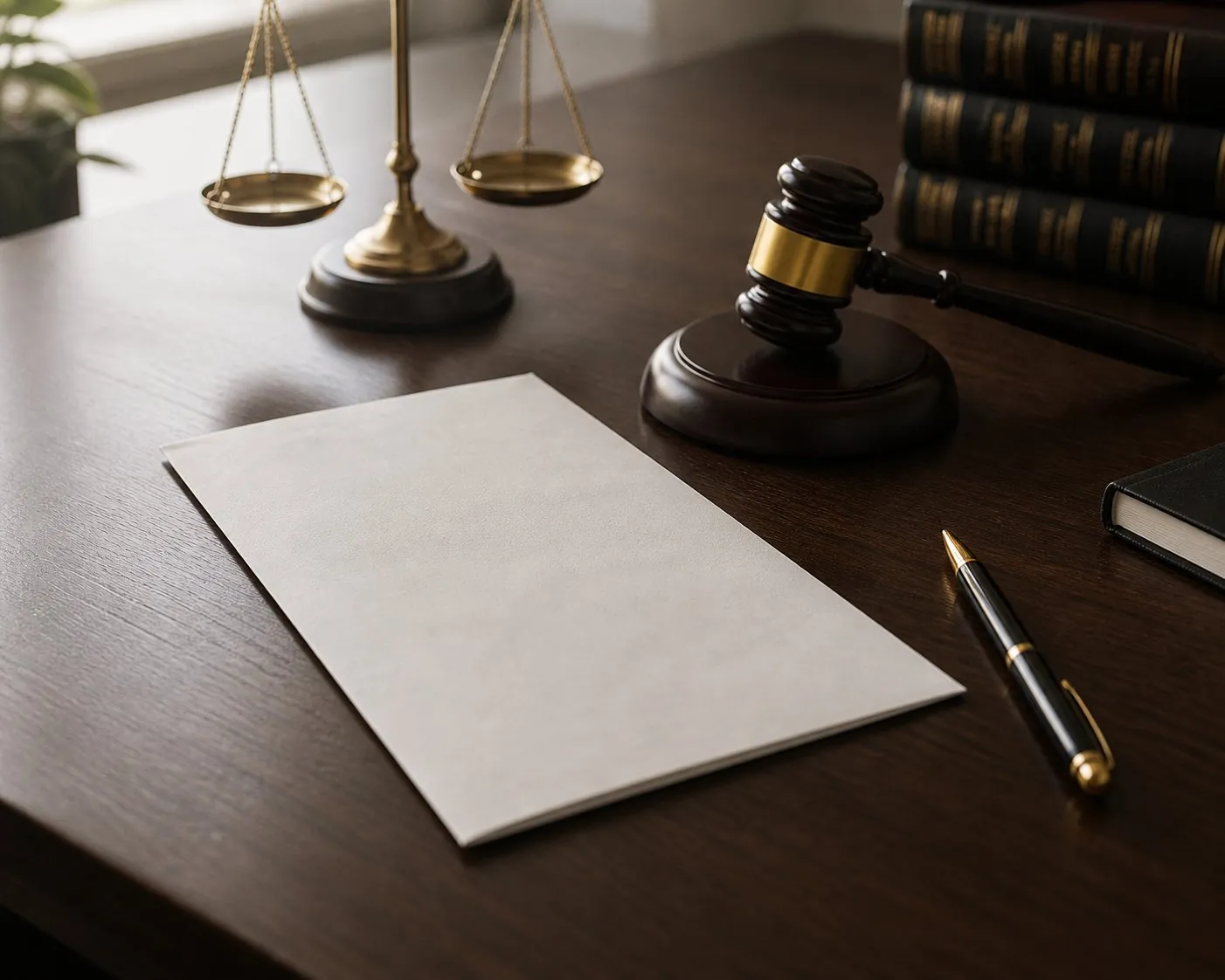 A formal legal letter on a dark wood desk with a gavel, scales of justice, and law books