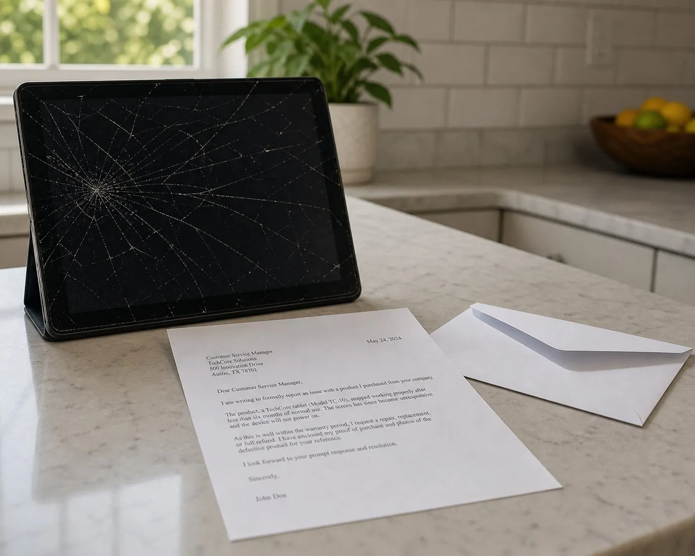 A faulty product being returned with a complaint letter on a desk